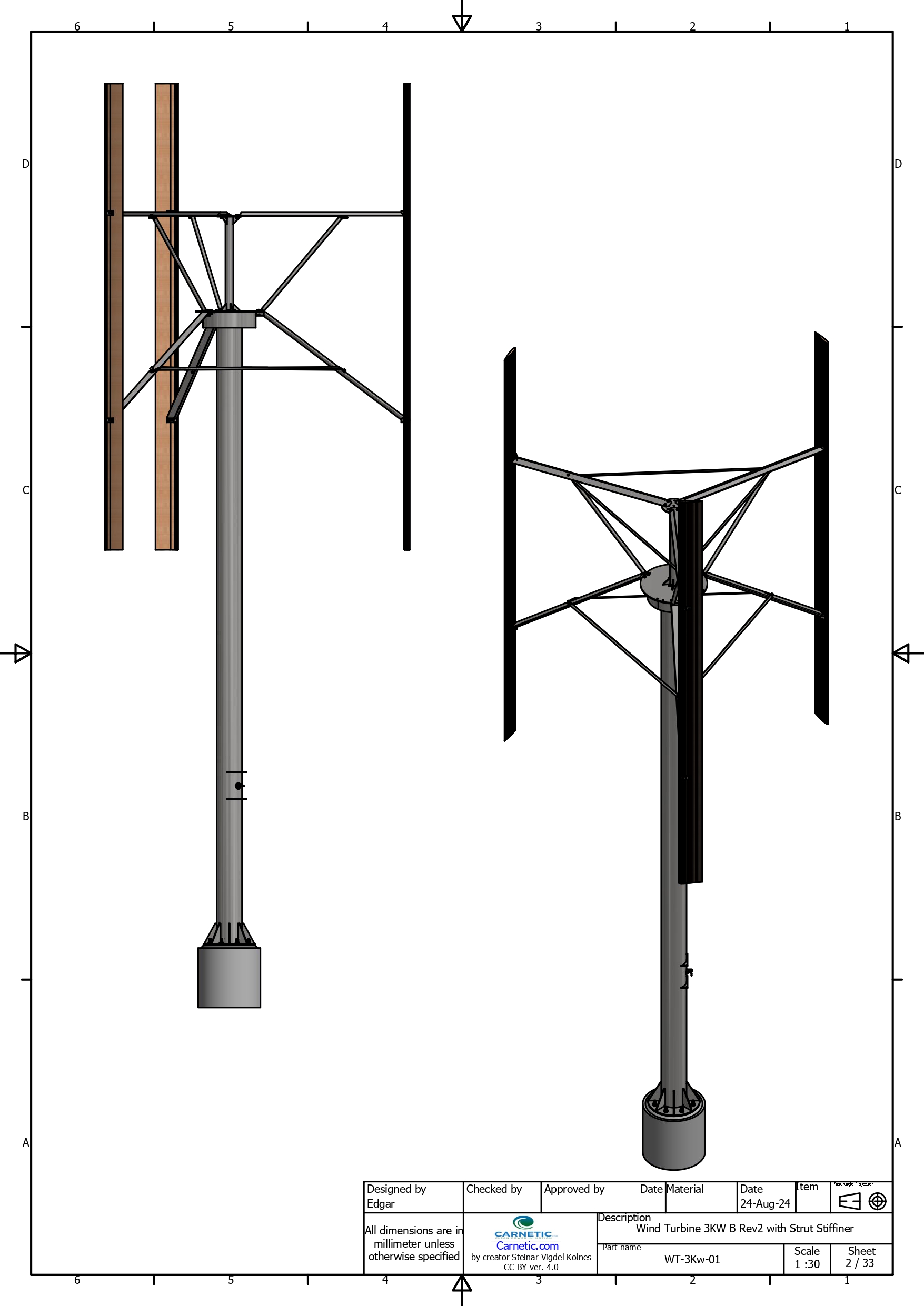 Technical drawing of the 3 kW Carnetic vertical axis wind turbine